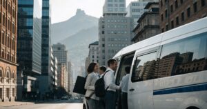 Empleados abordando van de transporte corporativo compartido en Bogotá, reduciendo huella de carbono frente al uso de vehículos individuales