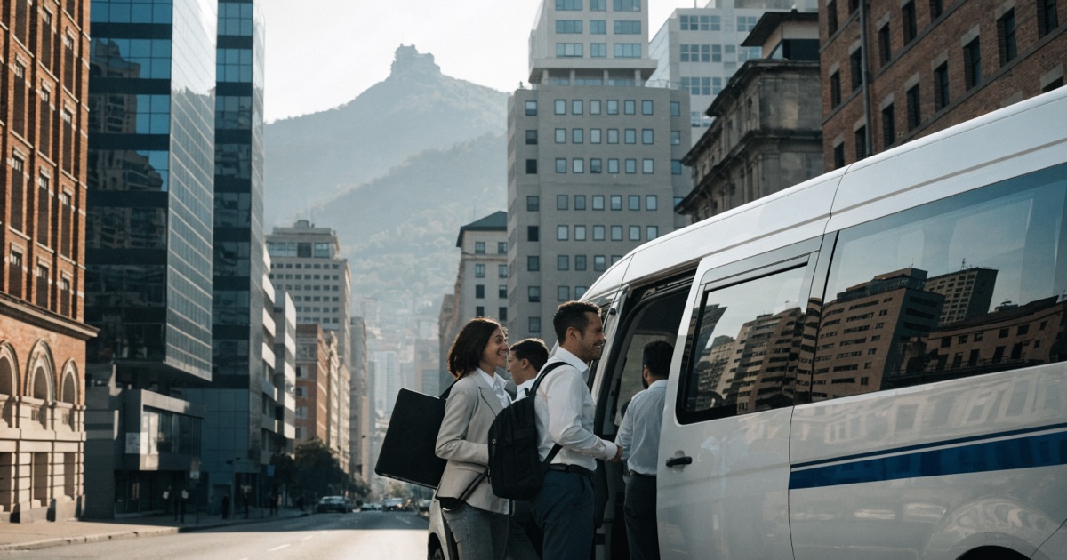 Empleados abordando van de transporte corporativo compartido en Bogotá, reduciendo huella de carbono frente al uso de vehículos individuales