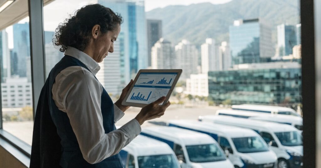 Gerente de operaciones revisando dashboard de utilización de rutas de transporte de personal en tablet, con flota corporativa de fondo