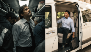 Comparación de transporte empresarial: empleado incómodo subiendo a un bus tradicional vs empleado cómodo subiendo a una van Mercedes Sprinter